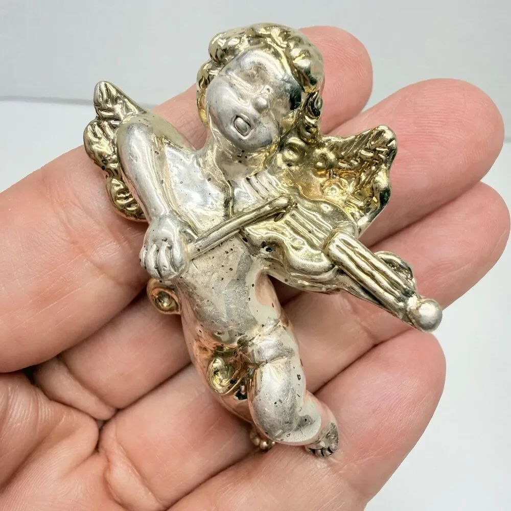 Vintage Sam Philipe 925 Sterling Silver And Gold Overlay Cherub Angel Brooch